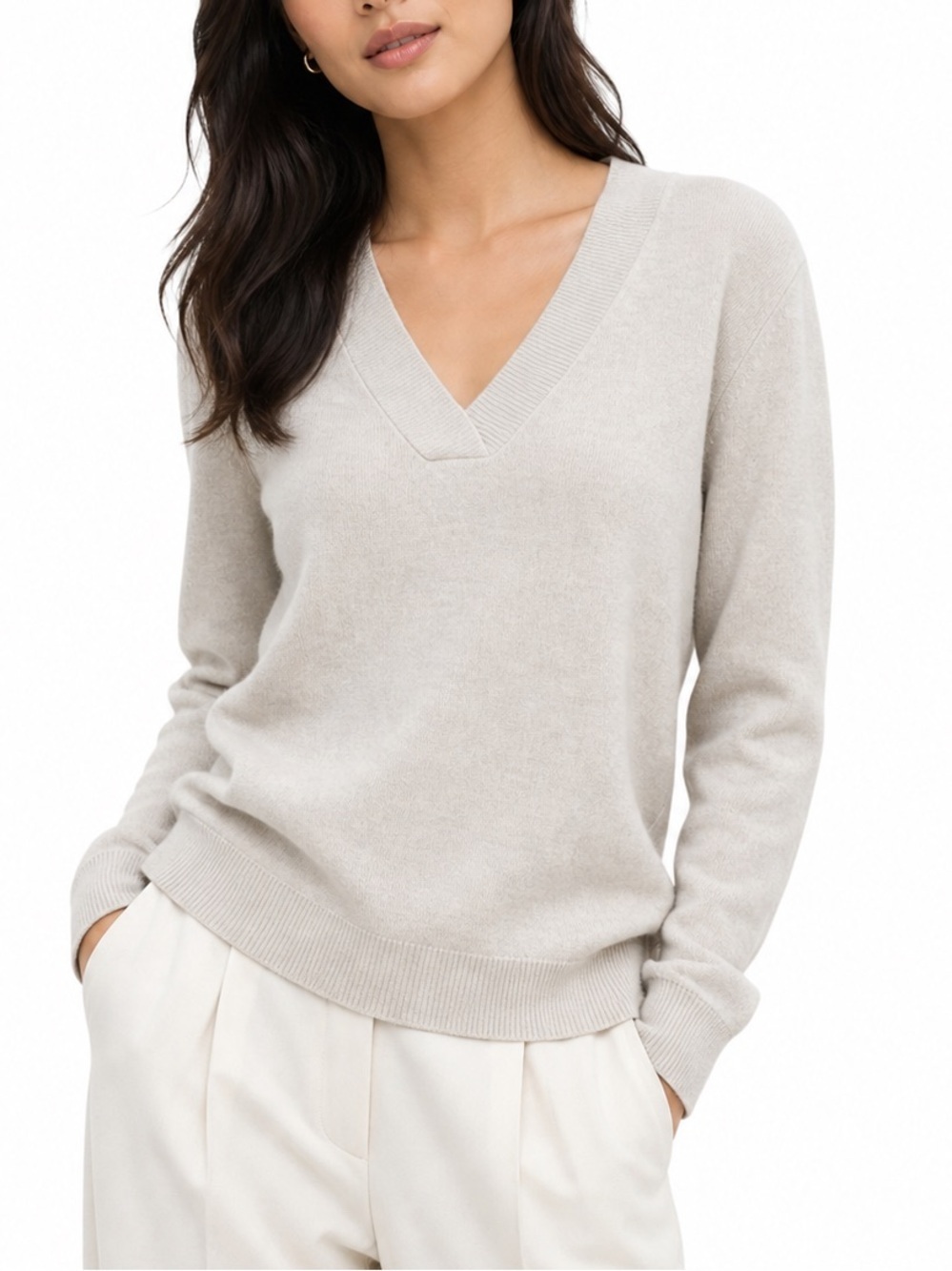 Babaton Merino Wool Oversized V-Neck Sweater Beige Lightweight Knit Minimalist